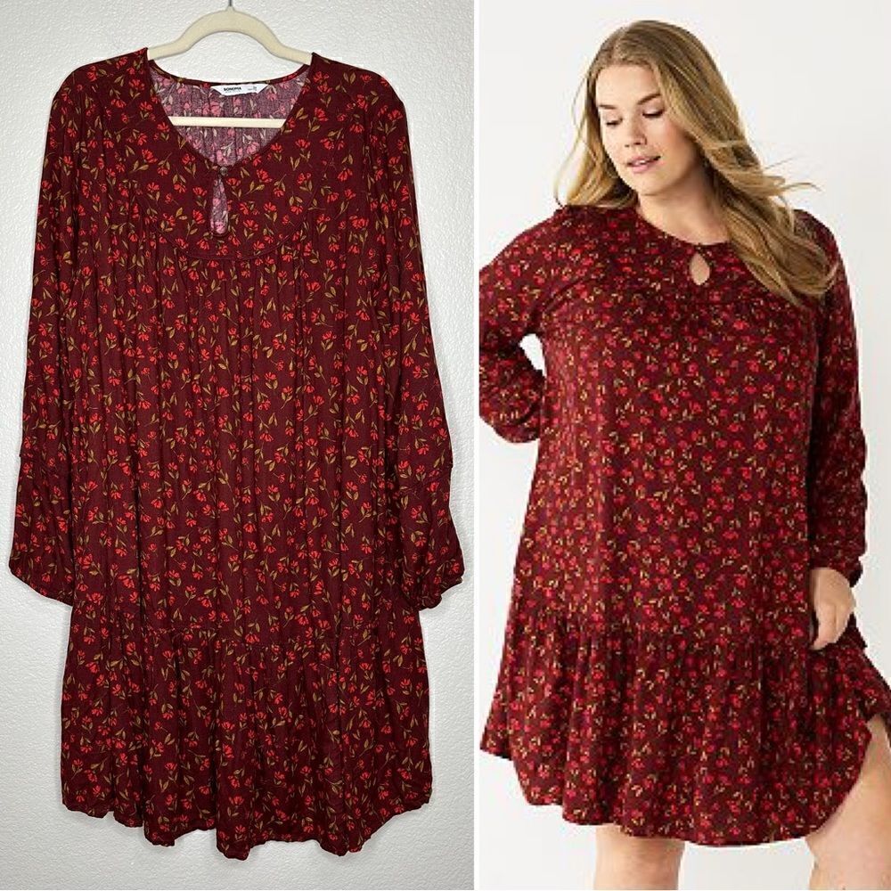 Sonoma Cherry Red Floral Long Sleeves Tiered Midi Dress, Size 2X